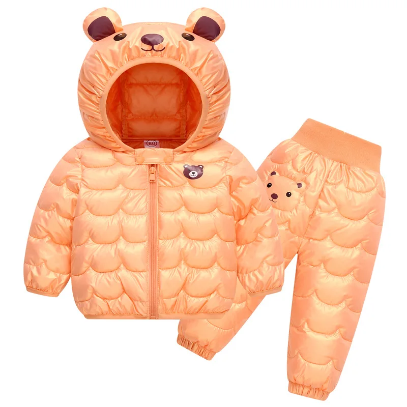 2023 nuovo Set invernale per bambini piumino per ragazzi e ragazze cartone animato orso cappotto con cappuccio + pantaloni Baby Snow addensato Set caldo 0-5Y 3