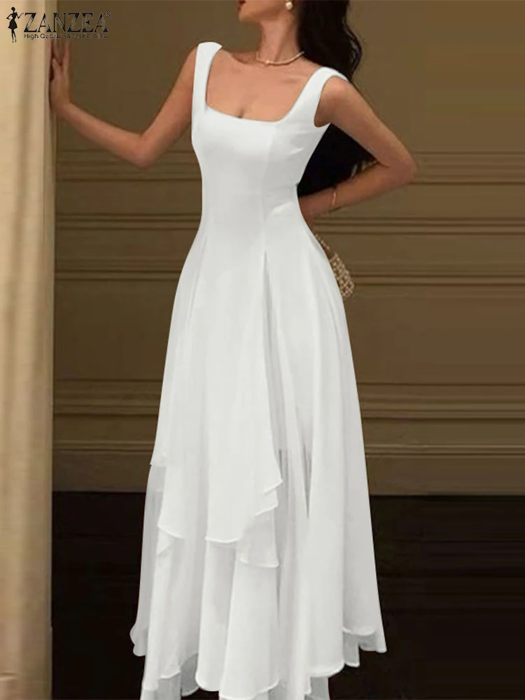 ZANZEA Vestito Da Partito Elegante Delle Donne 2025 Estate Senza Maniche Colletto Quadrato Sexy Increspato Maxi Vestito Estivo Casual Solido Abiti Lunghi Veste 1