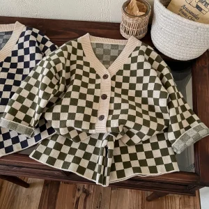 Nuova primavera autunno stile coreano vestiti della neonata vestito a maniche lunghe Plaid Cardigan in maglia cappotto + pantaloncini bambini Set di abbigliamento lavorato a maglia 1