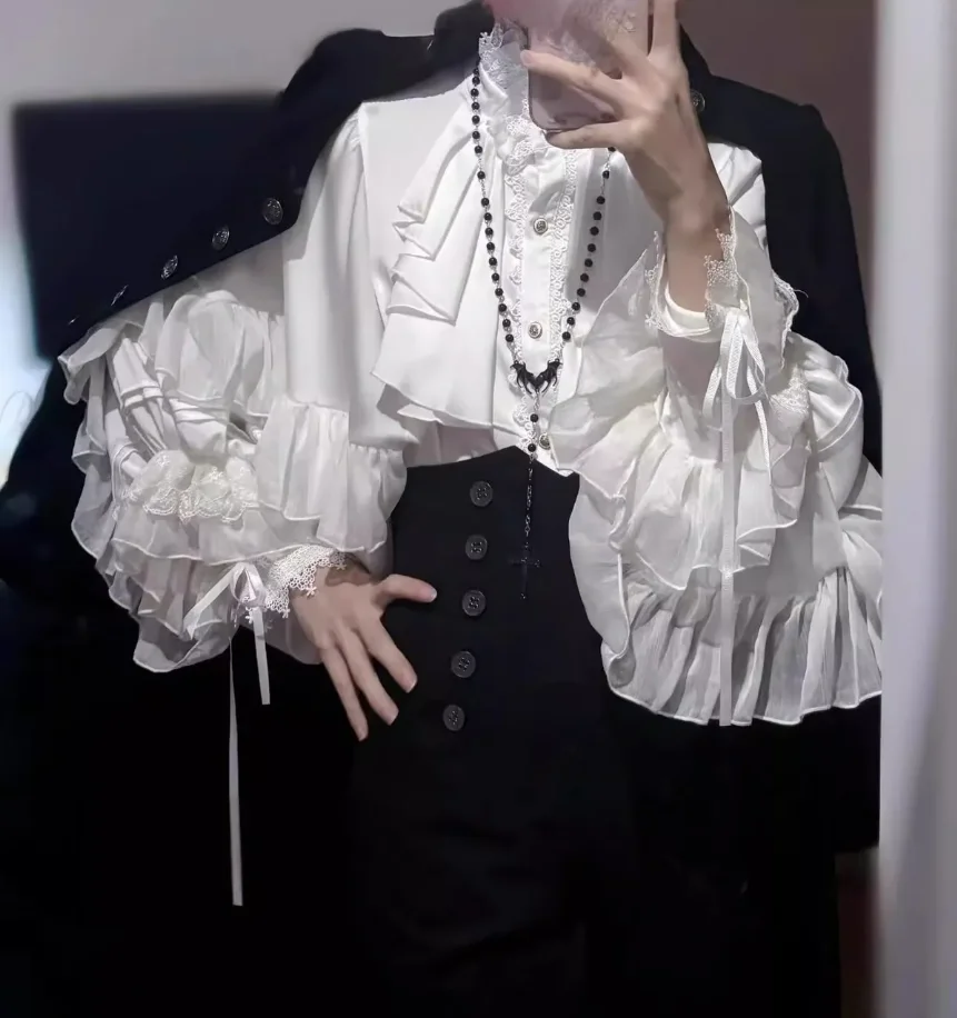 Camicetta Lolita carina giapponese Kawaii Camicia da donna con maniche a lanterna vintage Estate Y2k Estetica Patchwork in pizzo Top JK Blusas allentate 6