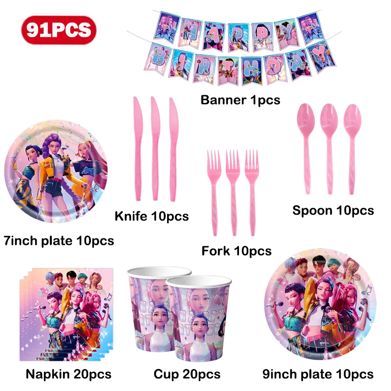 Kpop Demon Hunters Decorazione di compleanno Festa a tema Kit di stoviglie Tazze Piatto Tovaglioli Sfondo Banner Compleanno per ragazze Deco Forniture 6