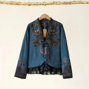 Cappotto invernale giacca da donna Ricamo Stile etnico Giacca trapuntata blu da donna imbottita Cappotto corto Giacche calde con bordo in pizzo vintage 1