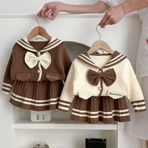 2024 Autunno Inverno Ragazze Maglione Set di abbigliamento Stripe monopetto lavorato a maglia cappotto + gonna 2 pezzi vestito per 2-6 anni vestito di moda per ragazze 1