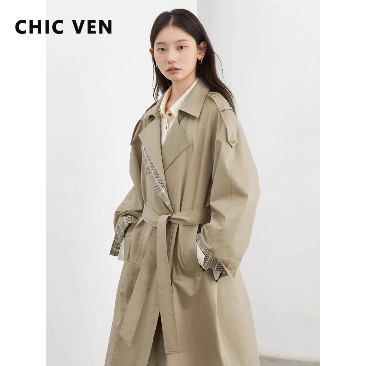 CHIC VEN Moda Donna Trench lungo Allentato Casual Plaid Giacca a vento femminile Donna Cappotto Primavera Autunno 2025 Abbigliamento 1