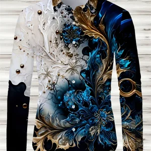 2025 Camicie da uomo primaverili Moda Retro Street Texture Camicie stampate Camicia da uomo a maniche lunghe con risvolto Camicia Top Abbigliamento da ufficio 1