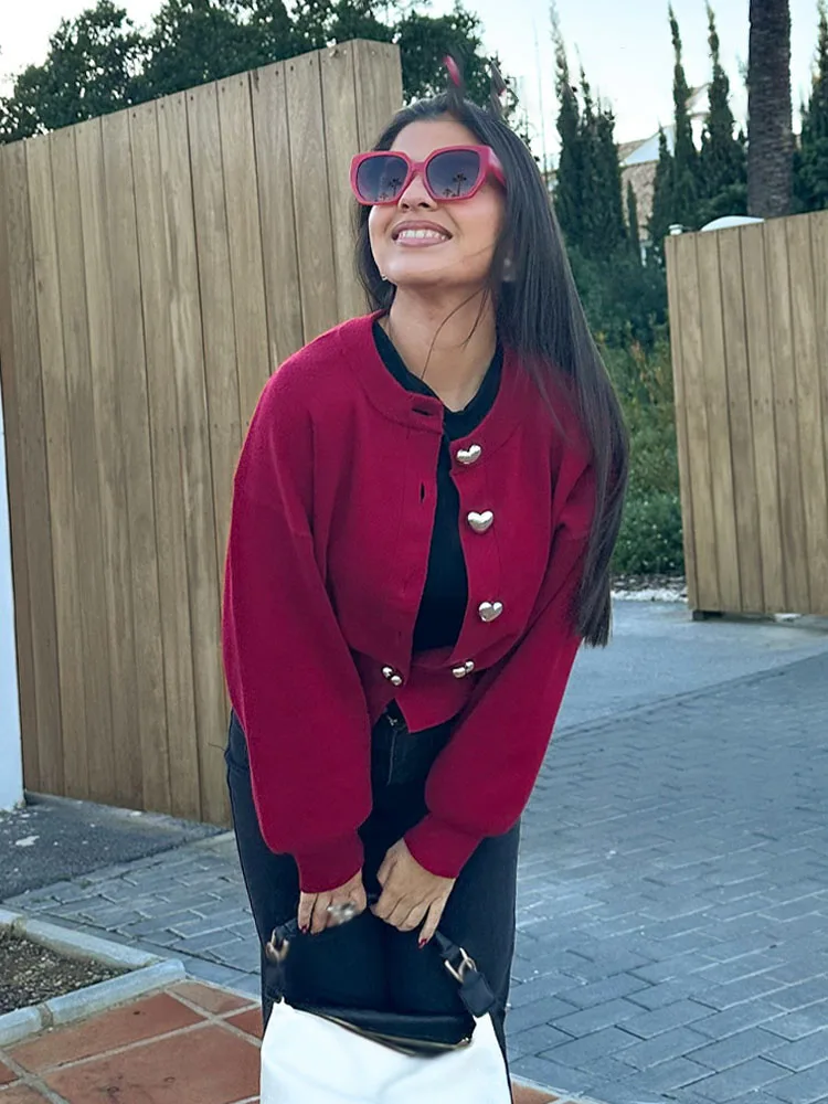 HH Moda Donna Solid Top Bottoni a forma di cuore Cardigan Donna Primavera Casual Manica lunga O-Collo Maglioni lavorati a maglia Cappotti 5