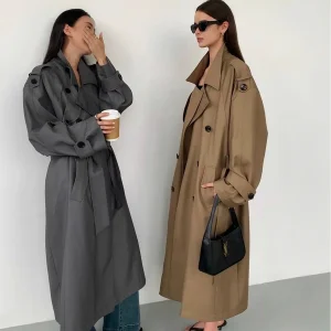 Mauroicardi Trench lungo grigio primavera autunno per donna con fascia doppio petto sciolto antivento abiti firmati di lusso 2025 1