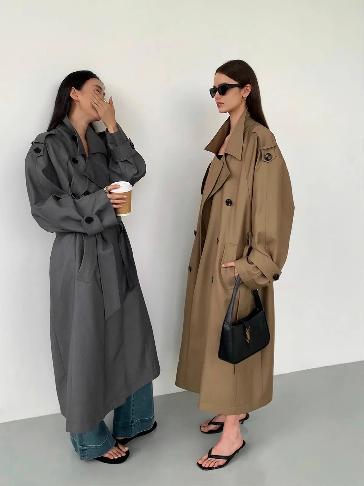 Mauroicardi Trench lungo grigio primavera autunno per donna con fascia doppio petto sciolto antivento abiti firmati di lusso 2025 1