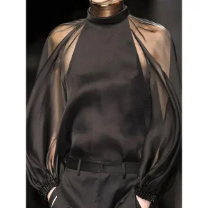 TAKO Office Lady Mesh T-shirt 2025 Plus size Tinta unita Trasparente Manica lunga Stand Neck Abbigliamento da lavoro Pullover Top 137826 1