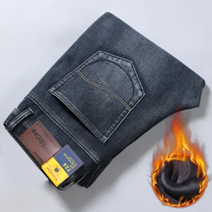 2025 Jeans invernali da uomo caldi pantaloni in denim caldi foderati in pile vestibilità dritta pantaloni da cowboy spessi elasticizzati classici da uomo blu da lavoro 1