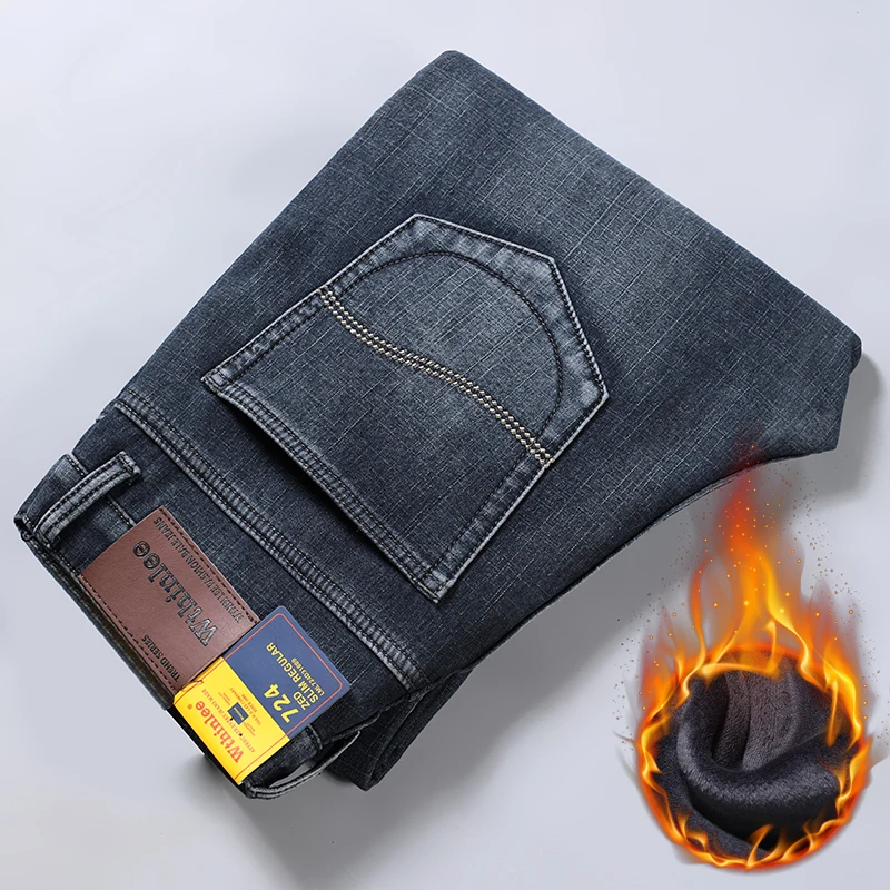 2025 Jeans invernali da uomo caldi pantaloni in denim caldi foderati in pile vestibilità dritta pantaloni da cowboy spessi elasticizzati classici da uomo blu da lavoro 1