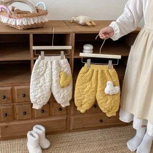Pantaloni trapuntati invernali per ragazzi e ragazze per bambini Cartoon Duck Pantaloni caldi con risvolto elastico Pantaloni in cotone unisex 1