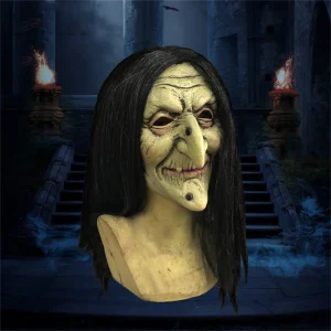 Maschera da strega per donna vecchia di Halloween con viso verde horror Capelli lunghi Costume da festa Maschere cosplay Puntelli Copricapo cosplay 1