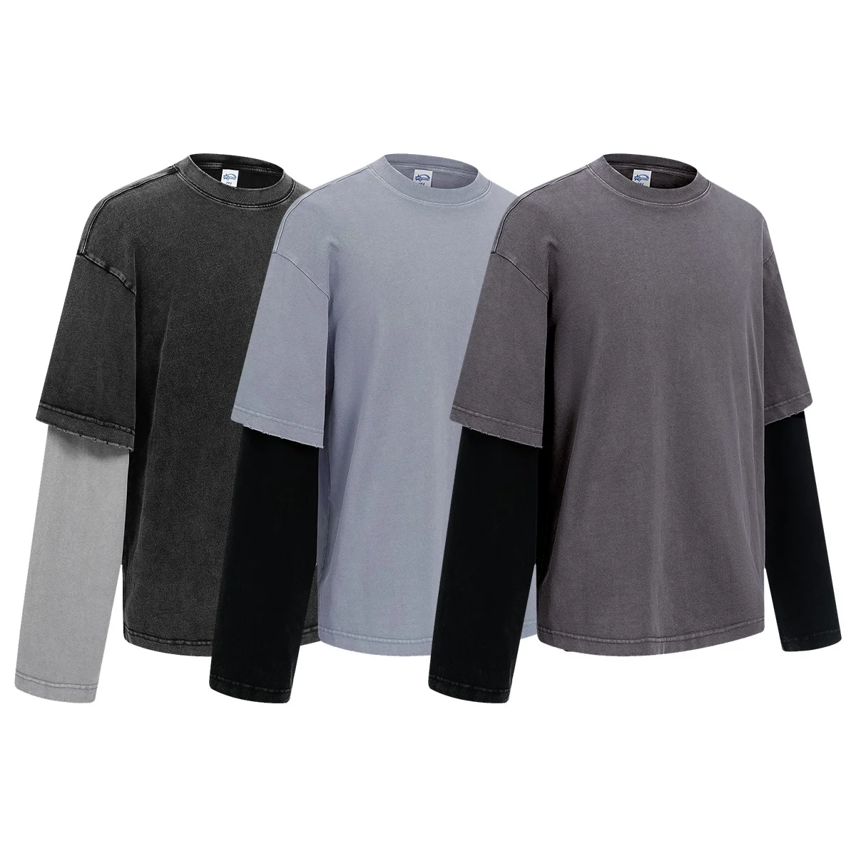 Autunno e inverno 2025 nuova finta t-shirt a maniche lunghe in cotone lavato bicolore 4