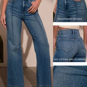 Pantaloni slim fit a gamba dritta comodi elasticizzati a vita alta blu retrò da donna 1