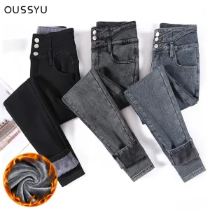 OUSSYU Jeans da donna in velluto spesso invernale Pantaloni skinny a vita alta Pantaloni a matita in denim casual da donna elasticizzati slim in pile caldo 1