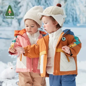 Amila piumino bambino 2024 inverno nuovi ragazzi ragazze moda Patchwork con cappuccio caldo soprabito tre in uno con tasche abbigliamento per bambini 1