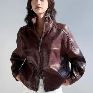 Giacche corte vintage in vera pelle per donna Primavera Autunno 2025 Nuovo cappotto in vera pelle di pecora con colletto alla coreana semplice di fascia alta 1