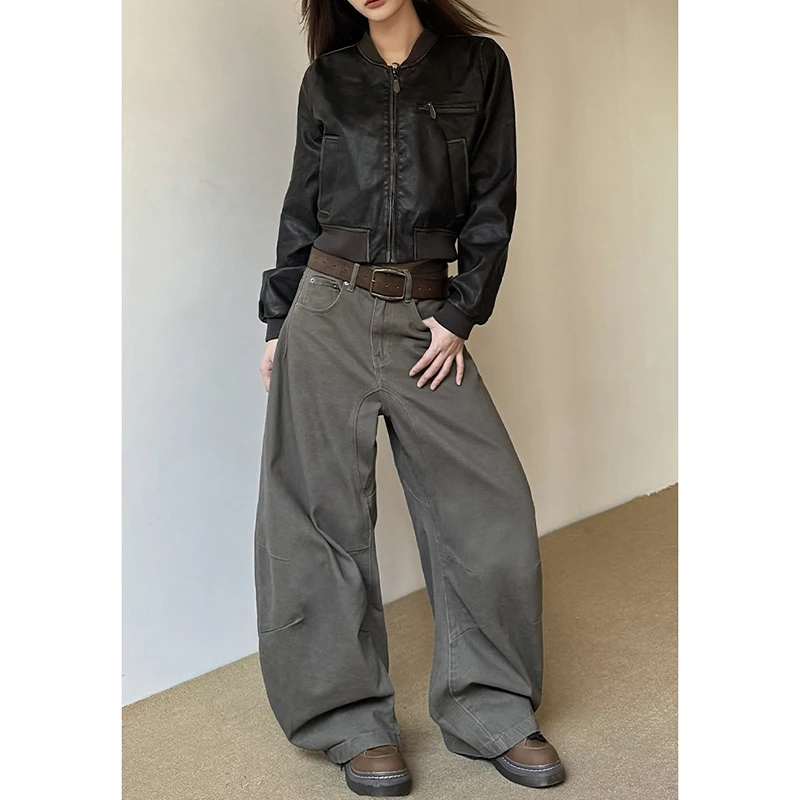 Pantaloni jeans cammello a vita alta stile vintage americano anni 2000 Pantaloni larghi in denim a gamba larga Y2K da donna moda primaverile Abiti femminili 3