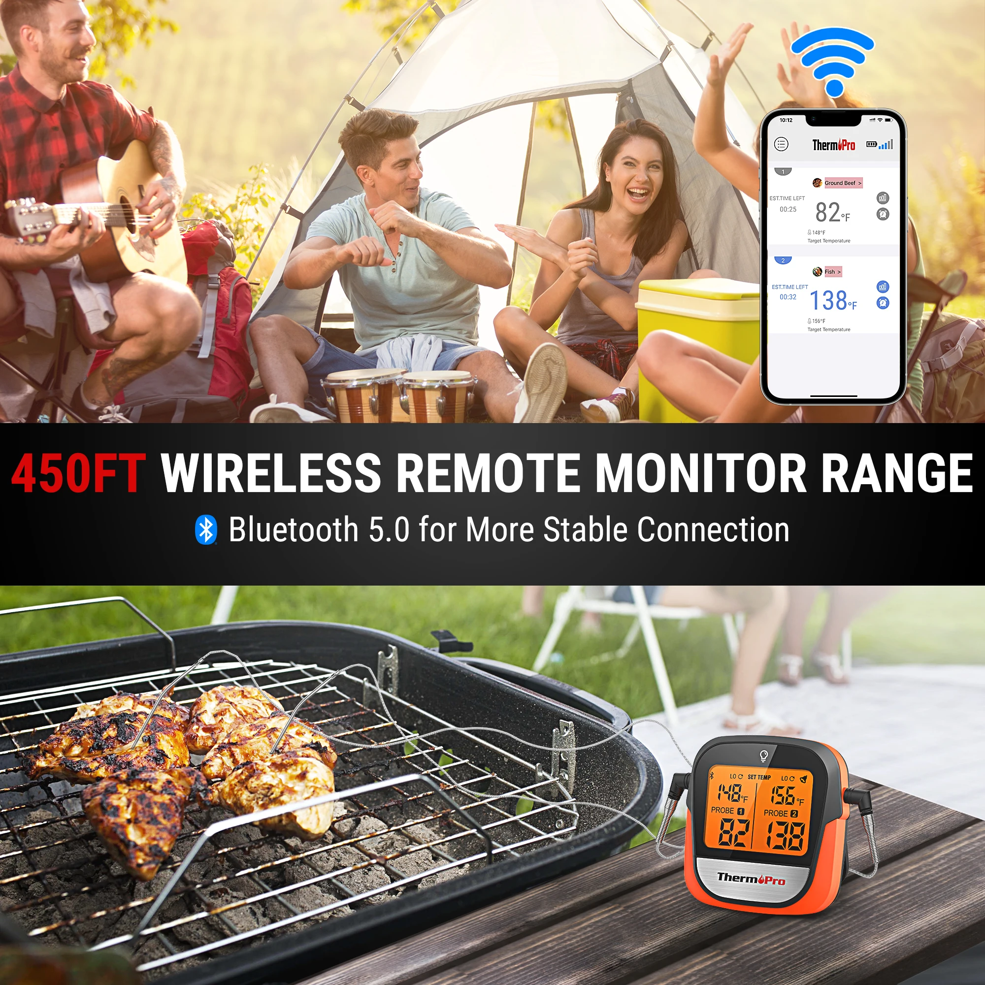 ThermoPro TP902 APP per telefono connesso Bluetooth Wireless 135M Doppie sonde Retroilluminazione Termometro digitale per carne per cucina Cucina 4