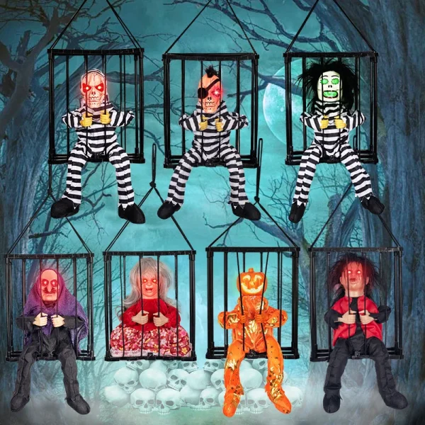 Decorazioni di Halloween fantasma urlante appendibile con sensore di movimento Occhio luminoso Suono Scheletro Gabbia Prigioniero Casa stregata Prop 4