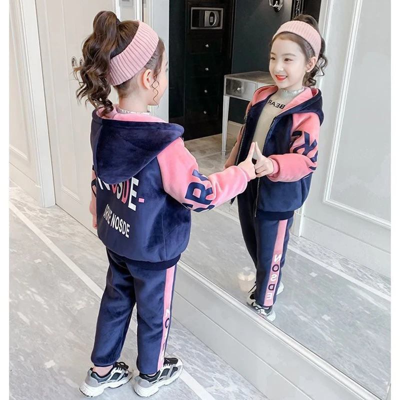 Nuovo Inverno Tenere Al Caldo Vestiti Per Ragazze Set Fodera Imbottita Con Peluche Velent Giacca Con Cappuccio + Pantaloni 2 Pezzi Vestito Per 3-12 Anni bambini 4