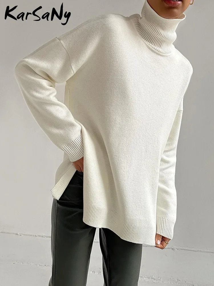 Maglioni lunghi a collo alto da donna autunno inverno 2022 Pullover con spacco laterale top lavorati a maglia larghi maglione dolcevita oversize per donna 1