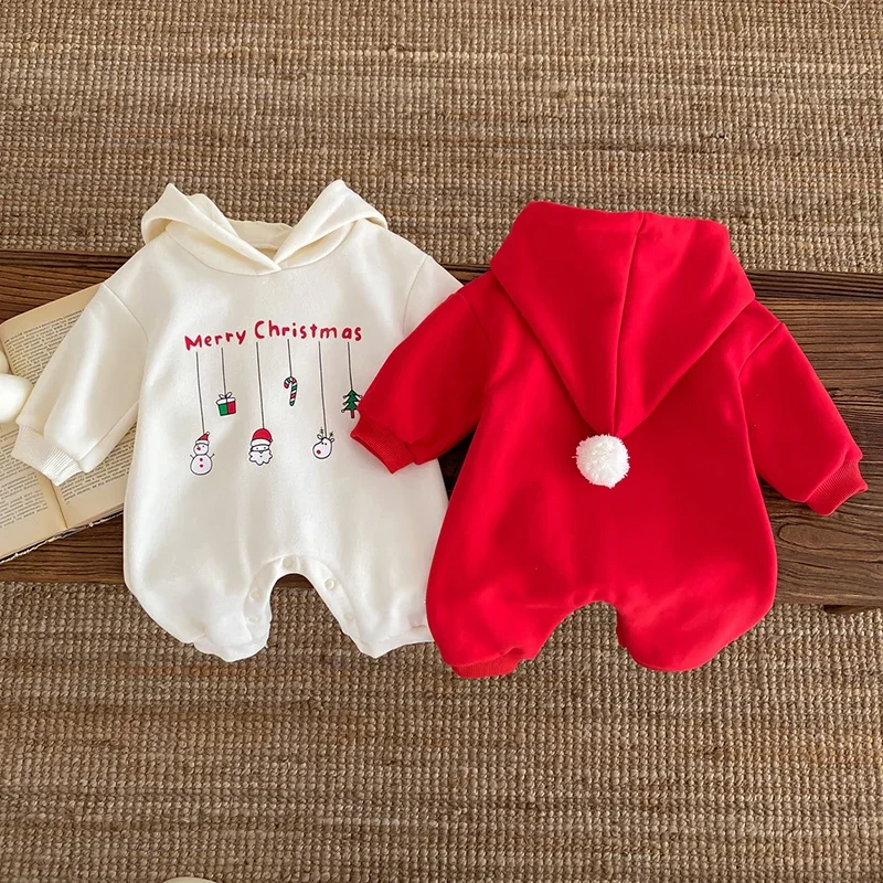 Neonati maschi Pagliaccetto natalizio per bambina Manica lunga Addensare con cappuccio Lettere Stampa Tuta Autunno Inverno Vestiti per neonati Natale 6