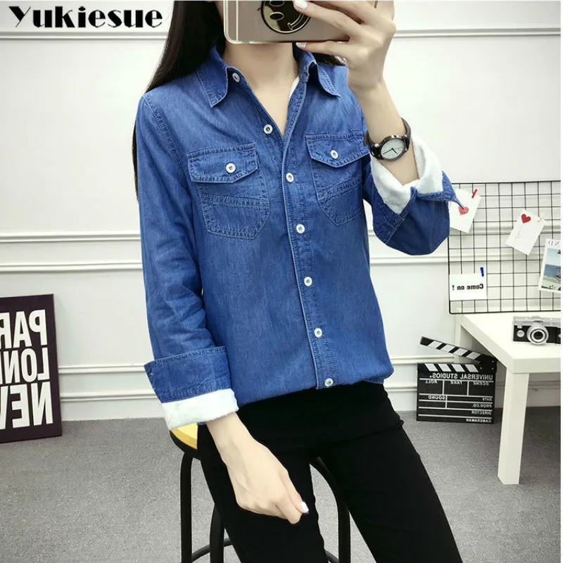 2022 Casual inverno Autunno caldo pile spesso denim Camicette Donna Donna Top Camicette da donna Camicia a maniche lunghe vestire S-3XL 5