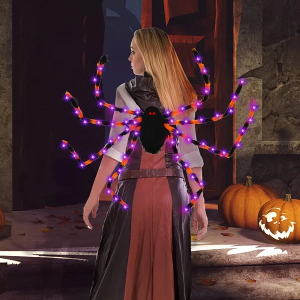 Spaventoso costume da ragno di Halloween 2 in 1 LED per cosplay, costume da zaino da ragno in peluche con luce viola 3