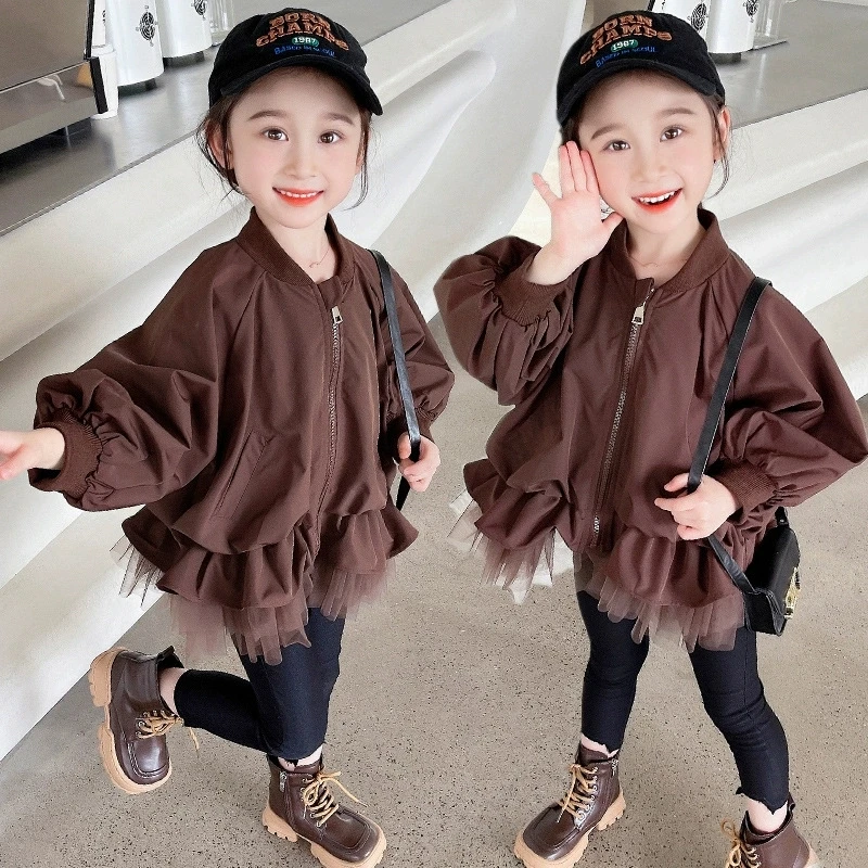 2 3 4 5 6 7 8 anni Primavera Autunno Giacca per ragazze Tinta unita Pizzo Moda Giacca a vento Cerniera Capispalla per ragazze Nuovi vestiti per bambini 4