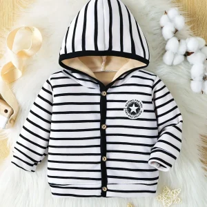 Nuovi neonati maschi e femmine primavera e autunno giacca di velluto sottile a maniche lunghe con cerniera stampata in cartone animato a righe bianche e nere 1