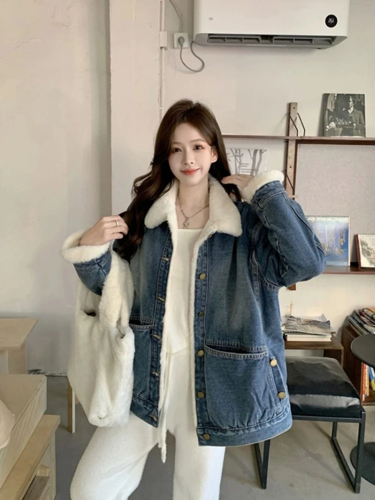 Giacca di jeans ispessita in velluto più da donna - Cappotto invernale caldo stile coreano oversize casual lavato con acqua 4