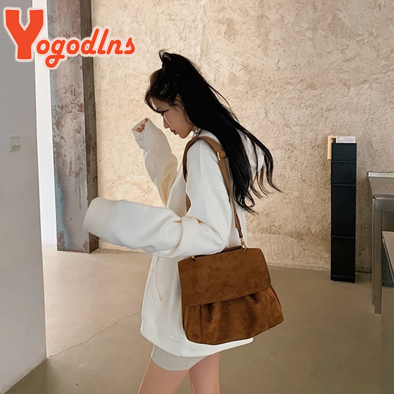 Yogodlns Borsa a tracolla in pile autunno inverno Borsa a tracolla in pelle smerigliata femminile Borsa a tracolla retrò Borsa a tracolla di grande capacità 2