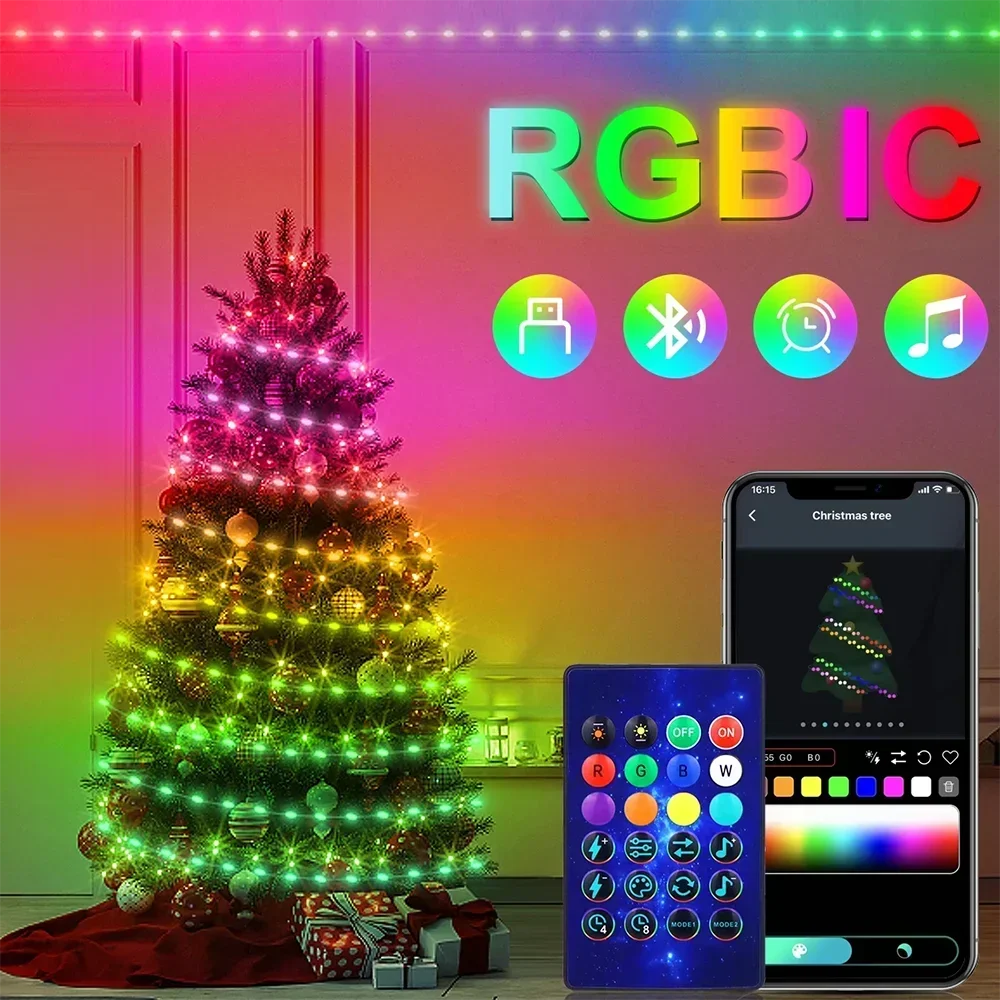 Stringa di luce fata programmabile, luce decorativa domestica USB, app Bluetooth e telecomando, stringa di luce intelligente 5V, WS2812 RGB C 6