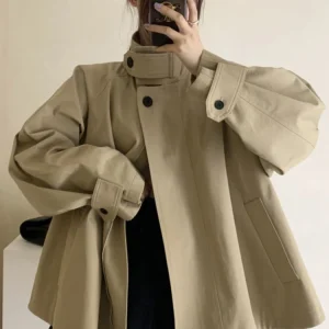 Stile coreano 2025 Nuovo in autunno e inverno Cappotto da donna con colletto alla coreana alla moda color kaki con elegante orlo svasato 1