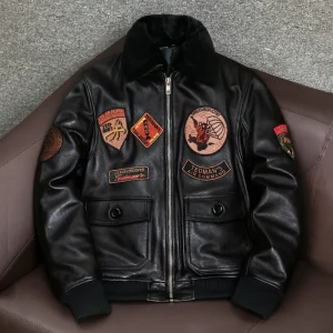 Giacca in pelle con strato di intestazione pilota dell'aeronautica Cappotto vintage nero da uomo invernale spesso 1,8 kg 1