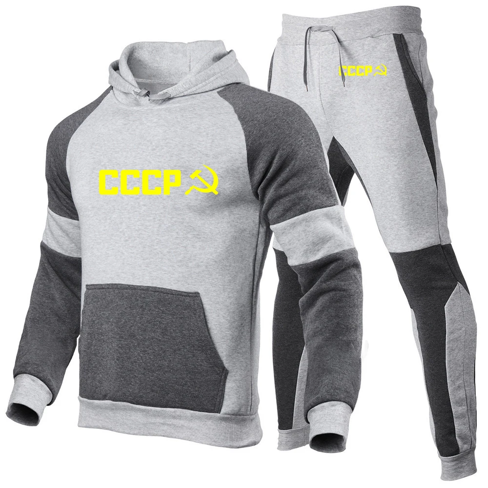 2025 Primavera Autunno Uomo CCCP Logo russo Moda URSS Unione Sovietica Stampa Trendy Pullover Felpe con cappuccio + Pantaloni sportivi casual Patchwork Set 4