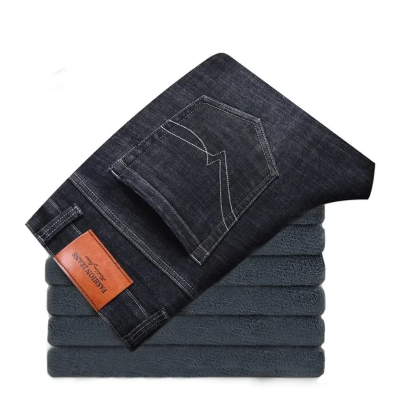 Jeans da uomo in pile 2025 abbigliamento da uomo Casual Jean inverno nuovi pantaloni in pile spessi e caldi pantaloni in denim maschile vestibilità dritta 6