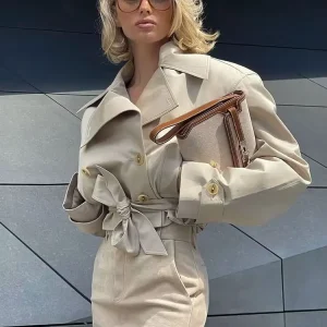 HH 2025 Primavera Retro Scollo a V Doppio Petto Tasca da Donna Top Giacca Allentata da Donna Street Casual Lace-up Trench Corto 1