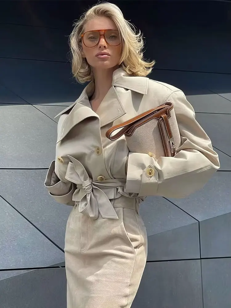 HH 2025 Primavera Retro Scollo a V Doppio Petto Tasca da Donna Top Giacca Allentata da Donna Street Casual Lace-up Trench Corto 1