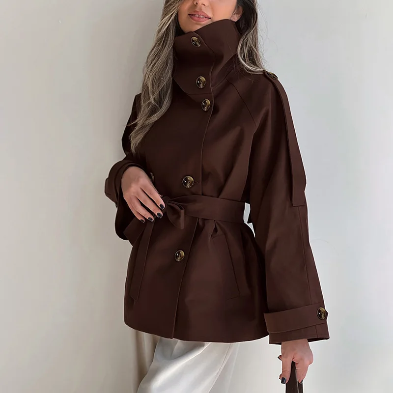 Ticketsx Trench vintage a collo alto con doppio petto Giacca slim patchwork con lacci Donna Autunno Inverno Ufficio Streetwear Trench 5