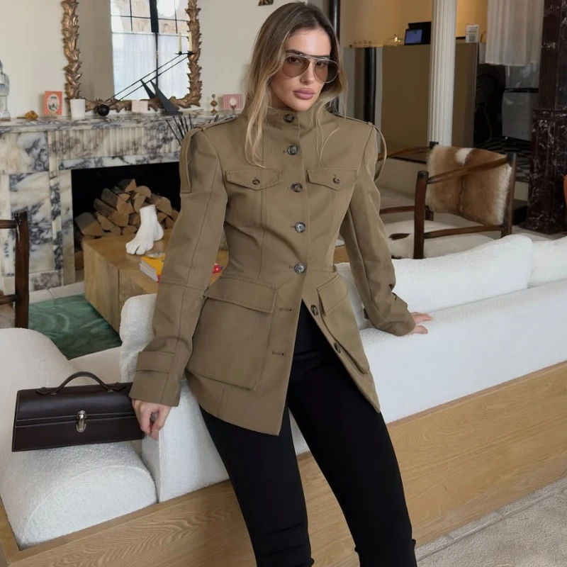 Tornova Giacca vintage kaki Cappotto da donna Slim Colletto alla coreana Tasche monopetto Cappotti a maniche lunghe Autunno Nuovo Pendolarismo Outwear 2