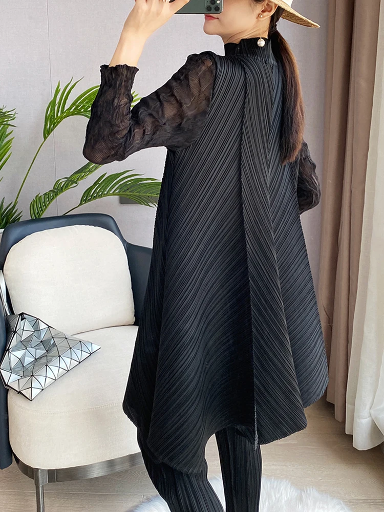 Miyake Set da donna a pieghe in due pezzi Autunno 2025 Inverno Nuovo abito casual allentato Moda in pizzo Abito lungo Top Matita Pantalone 2