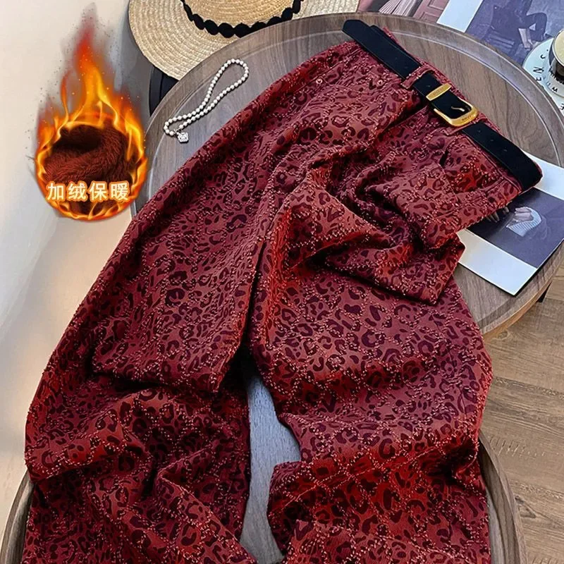 Moda American High Street Leopard Jeans Donna 2025 Nuovo Autunno Inverno Pantaloni a gamba larga in denim dritto Pantaloni a vita alta 6