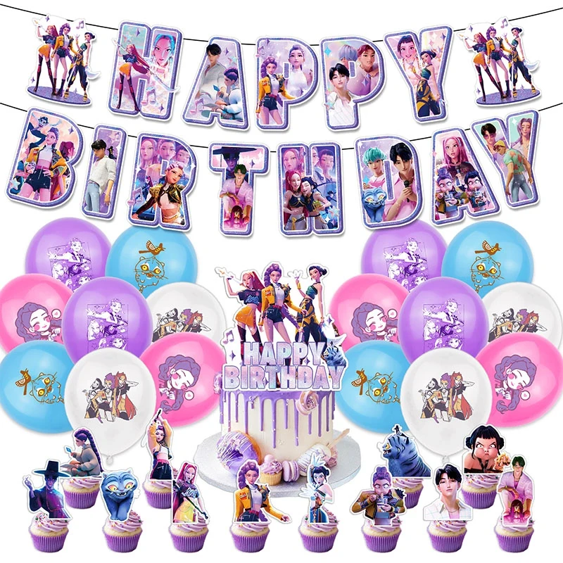 Hot Anime Kpop Decorazione festa di compleanno Huntrix Kpop Forniture per feste di compleanno Demon Hunter Group Cake Topper Palloncini Set di decorazioni 5