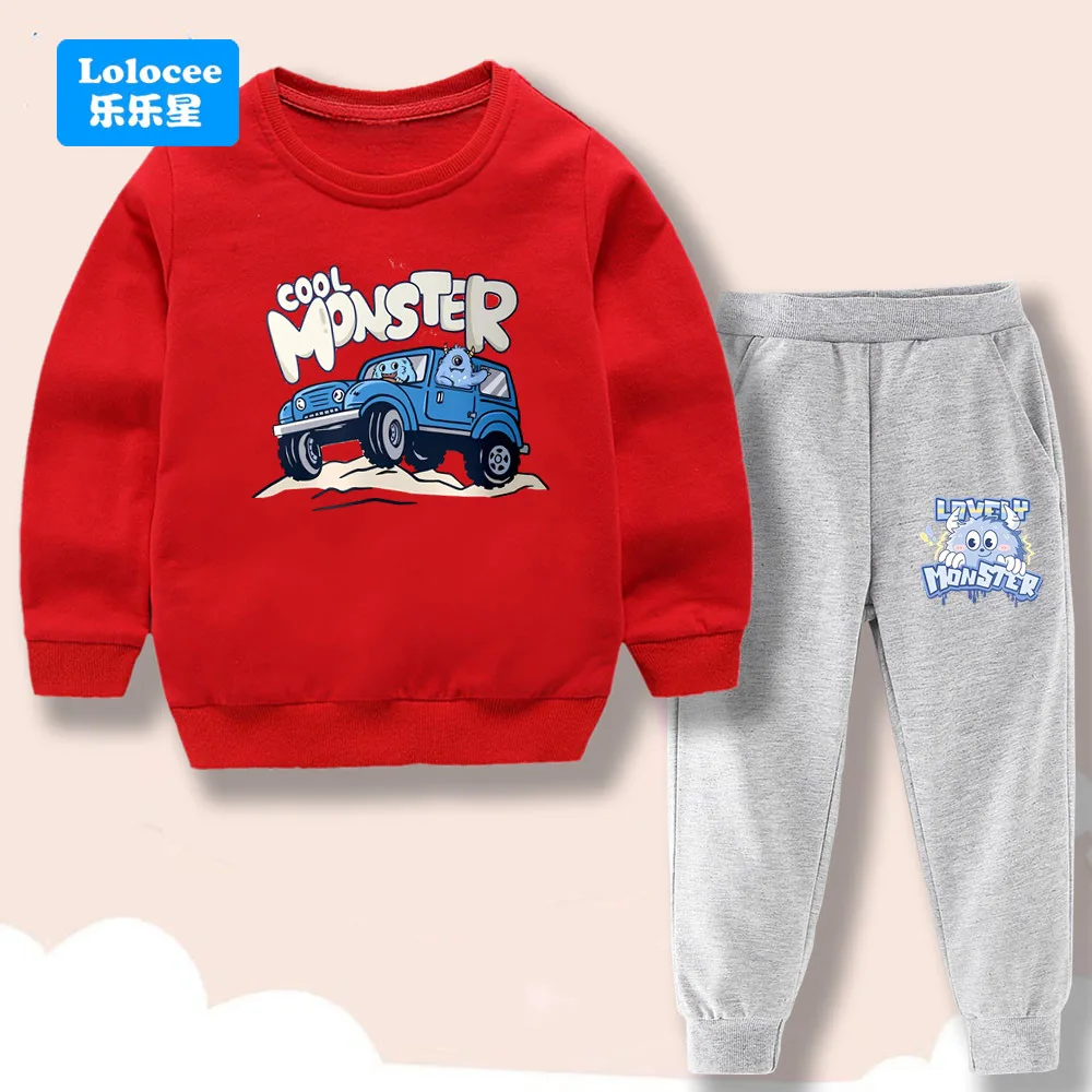 Set di abbigliamento per bambini primavera/autunno Cartoon Monster Print Pantaloni in felpa con o collo da ragazzo Set pullover in due pezzi per bambini GSJX1 4