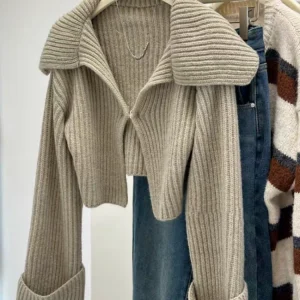 Maglione cardigan solido da donna caldo inverno moda autunno elegante manica lunga colletto rovesciato cappotto corto maglieria autunnale 1