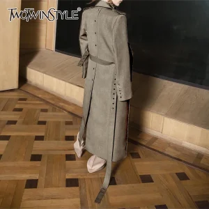 TWOTWINSTYLE Solido Dimagrante Impiombato Lace Up Temperamento Giacca per Le Donne Risvolto Maniche Lunghe Patchwork Tasche Trench Femminile Nuovo 1