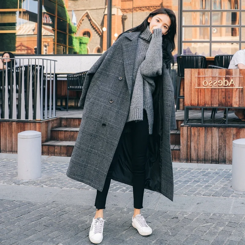 Cappotto di lana scozzese taglie forti da donna di media lunghezza sciolto stile coreano inverno nuova giacca di tweed chic al ginocchio per studenti comoda... 2